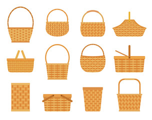 Collection of empty baskets, isolated on white background. Flat style vector illustration. 
