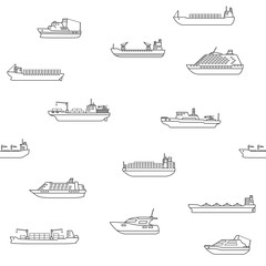 Seamless background of commercial cargo and passengers ships. Sea transportation vehicle. Transport boat. International water trade concept. Vector illustration.