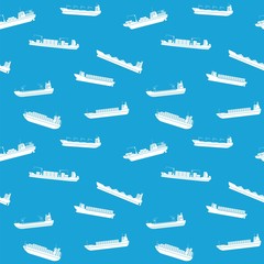 Seamless background of commercial cargo ships. Sea transportation vehicle. Transport boat. International water trade concept. Vector illustration.