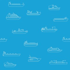 Seamless background of commercial cargo and passengers ships. Sea transportation vehicle. Transport boat. International water trade concept. Vector illustration.