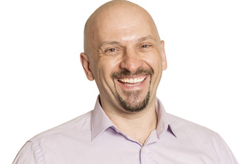 Naklejka premium Bald man laughing, close-up, isolated on white background