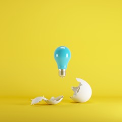 Blue lightbulb floating born from white Egg on yellow blackground. minimal idea concept.