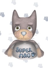 cute super hero cat with grey uniform and mask and paws on the background