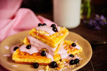 Fresh homemade Viennese waffles, drenched with yogurt and berries