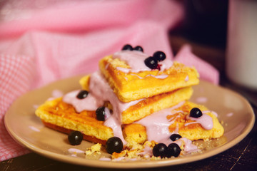 Fresh homemade Viennese waffles, drenched with yogurt and berries