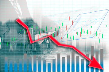 Fototapeta premium Businessman and Hong Kong city view with red bear chart on background. double exposure