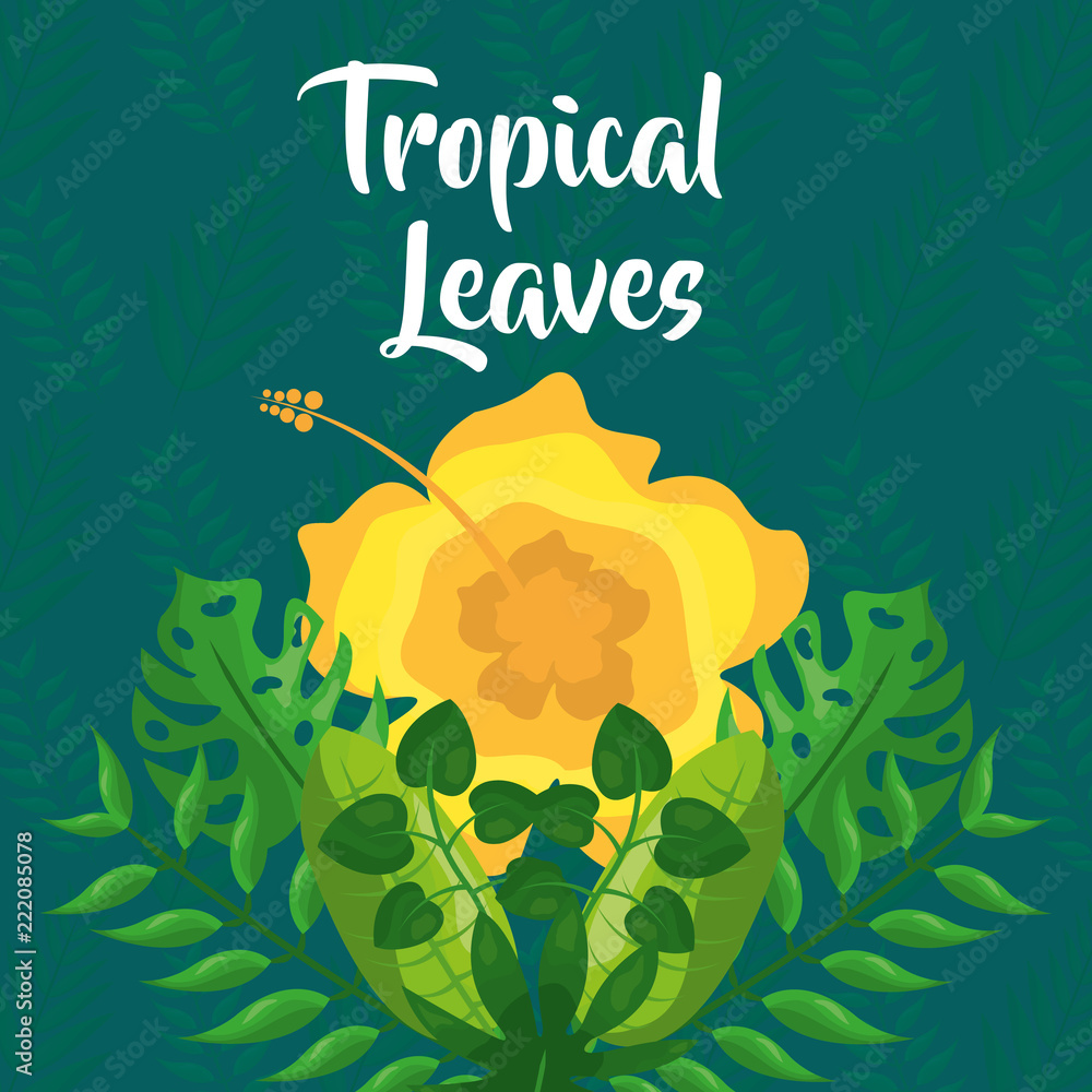 Poster yellow flower exotic bloom branches tropical leaves