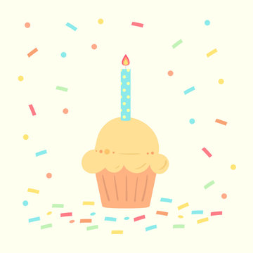 First Birthday boy card with cupcake and candle in flat design style. congratulations on the anniversary