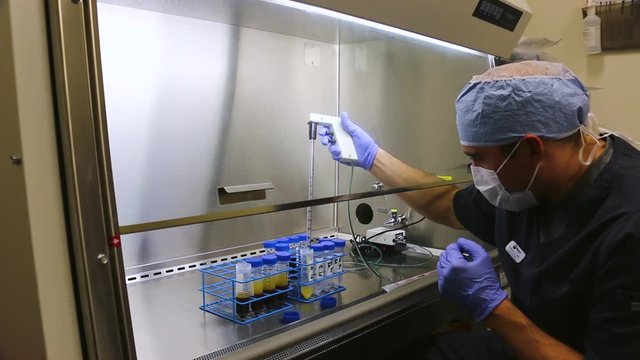 Lab Technician Transfers Plasma to a Conical Centrifuge Tube Under a Sterile Hood in a Lab - Whole Blood Processing for PRP Therapy