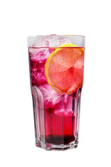 A purple, pink transparent cocktail, refreshing in a tall glass with ice cubes and lemon slice. Side view Isolated white background. Drink for the menu