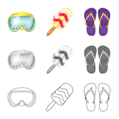 Vector illustration of equipment and swimming icon. Set of equipment and activity vector icon for stock.