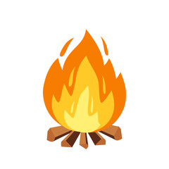 Vector campfire and camping sign in cartoon style illustration. Burning wood pile, fireplace or outdoor tourism icon on white background