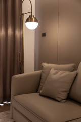 Cozy sofa corner compose with gold hairline floor lamp  and beige wall covering wall on the background / nice decoration / cozy interior concept / modern luxury