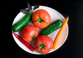 Tomatoes, cucumbers, carrots and peppers on a white plate.