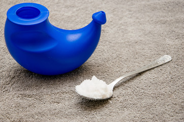 The device for performing yoga practice - jala neti (washing the nose). Neti pot and salt for...