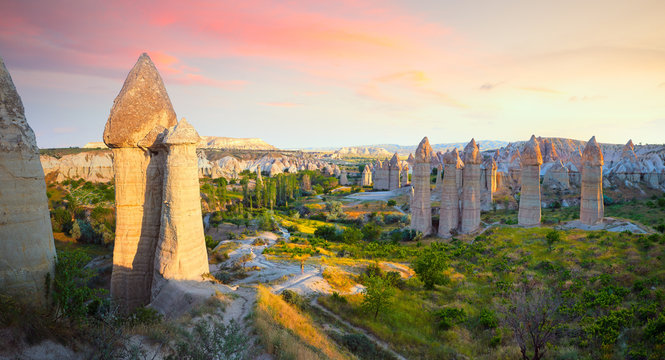 Sunset in the beautiful Love Valley in Cappadocia, Turkey
