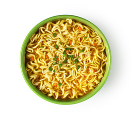 Plate of instant noodles on white background.