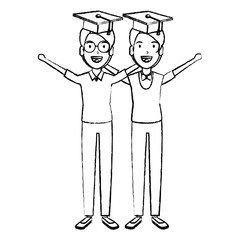 men students celebrating with hat graduation