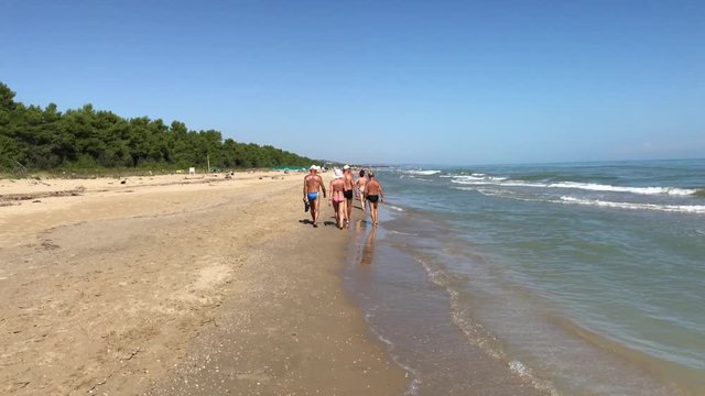 05 09 2018 Pineto, Abruzzo - group of people walking on the sand near the seaside 