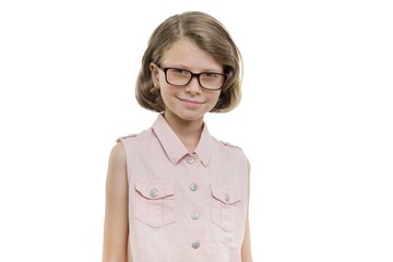 Pretty smiling girl student in glasses on white background, isolated