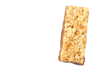 Healthy granola bar ( muesli bar or cereal bar ) isolated on white background. top view