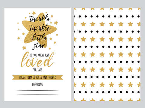 Baby shower invitation template, backgtround with cute golden star shape, vector set twinkle