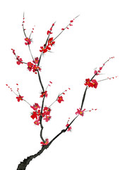 Fototapeta premium A branch of a blossoming tree. Pink and red stylized flowers of plum mei, wild apricots and sakura . Watercolor and ink illustration in style sumi-e, u-sin. Oriental traditional painting. 