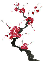Fototapeta premium A branch of a blossoming tree. Pink and red stylized flowers of plum mei, wild apricots and sakura . Watercolor and ink illustration in style sumi-e, u-sin. Oriental traditional painting. 