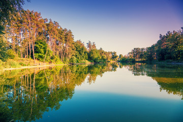 View of the calm lake in the forest. Beautiful wilderness