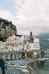 The Amalfi coast and the mountain slopes with plantations of lemons. Panoramic view of the city and...