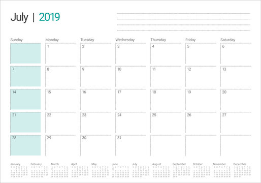 July 2019 desk calendar vector illustration