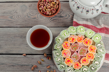 Turkish delight on a wooden table.