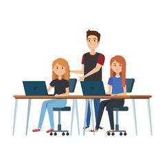 Obraz premium young women at desk with laptop and companion