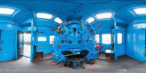 Old train drivers cab. Blue color. 3D spherical panorama with 360 degree viewing angle. Ready for...