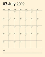 July 2019 desk calendar vector illustration