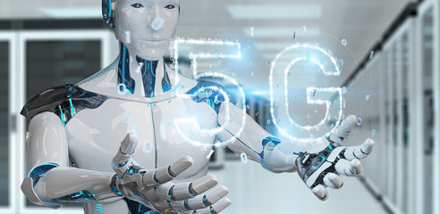 White cyborg using 5G network digital hologram 3D rendering