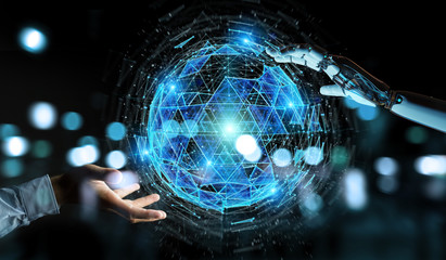 White robot hand using digital triangle exploding sphere hologram 3D rendering