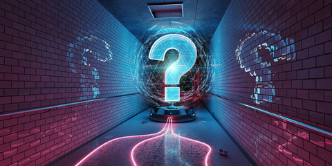 Question marks digital hologram in underground 3D rendering