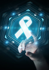 Businesswoman using digital ribbon cancer interface 3D rendering