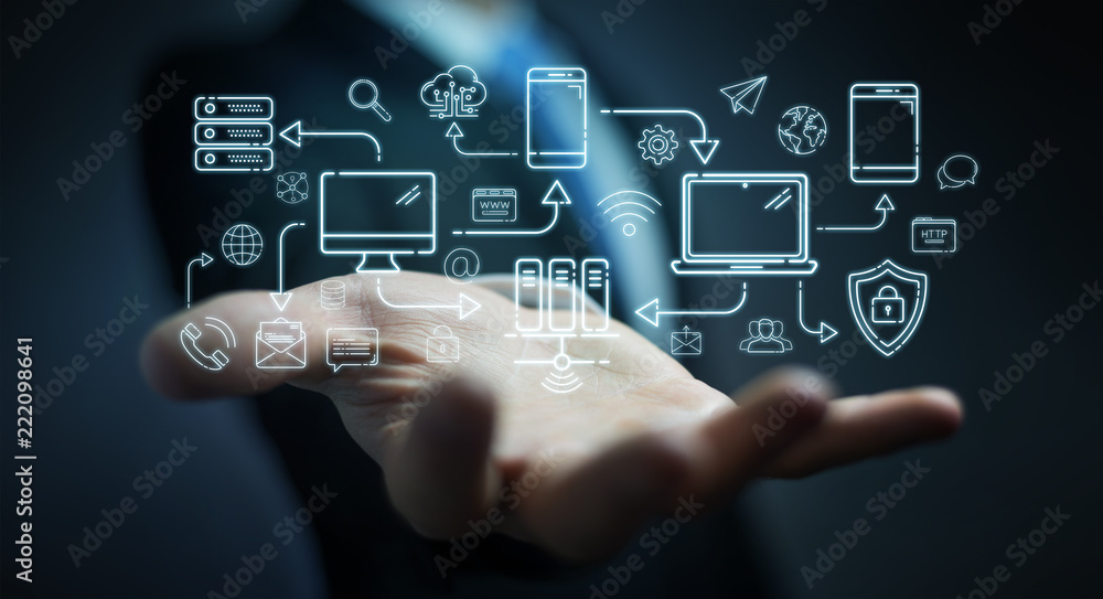 Poster Businessman using tech devices and icons thin line interface