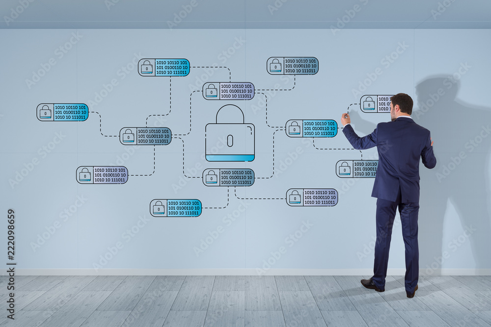 Poster businessman drawing thin line web security interface on the wall