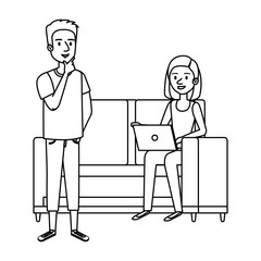 young woman at sofa with laptop and companions