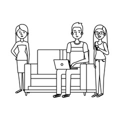 young man on the sofa with laptop and girls