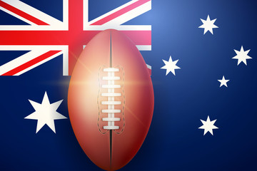Poster of Australian football ball on Australian Flag Backgound. Football and Soccer Games. Sport equipment and teams. Vector Illustration