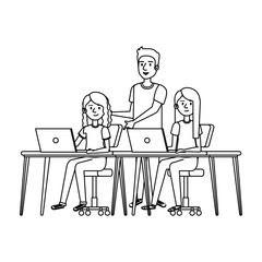 young women at desk with laptop and companion