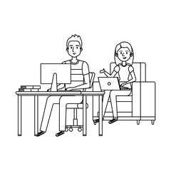couple working in the office and sofa