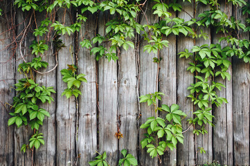 Fototapeta na wymiar Vintage wooden background with leaves. Ivy grows on wooden boards. Copy space. Frame of green plants.