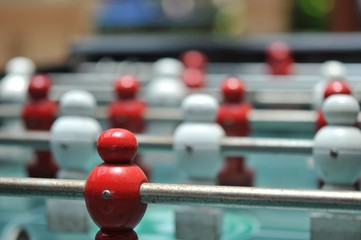 close up of Table football game, Soccer table with red and white players, selective focusing. 