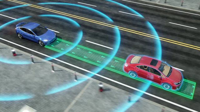 Autonomous self driving electric car change the lane and overtakes city vehicle