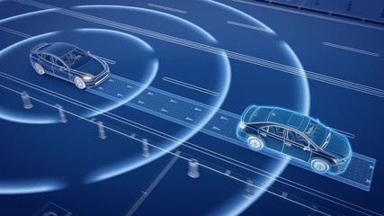 Autonomous self driving electric car change the lane and overtakes city vehicle